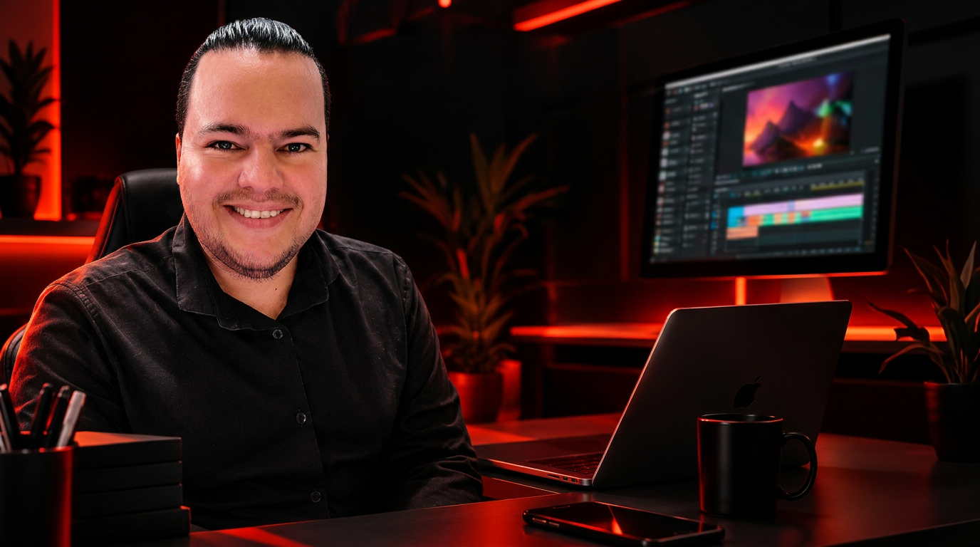Heider Flores em seu estúdio de social media e design